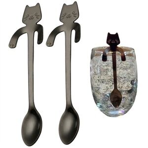 Cat Spoons Tea Spoons Stirrers Cup Hugging Kitty Cats Stainless Black 2 PC Set